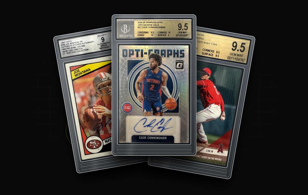Three clear-slab cards fanned out: Joe Montana, Cade Cunningham and Shohei Ohtani.